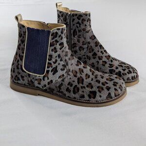Boden Leather Leopard Print Calf Hair Gray Brown Blue Gusset Chelsea Boots